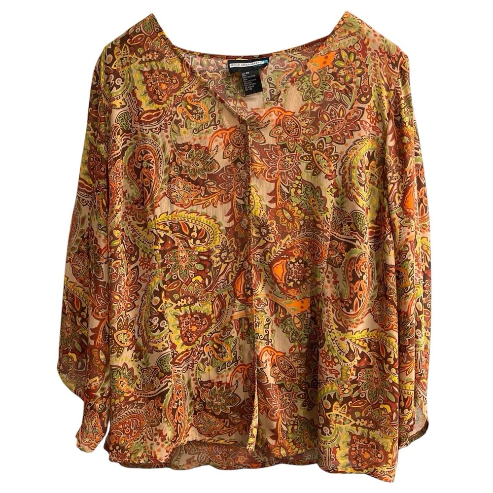 Requirements Top Brown Floral Paisley Sheer Chiffon Button Down Size 2X Blouse